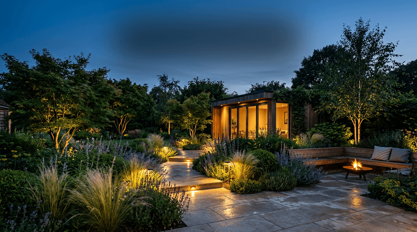 A beautifully designed garden illuminated at blue hour